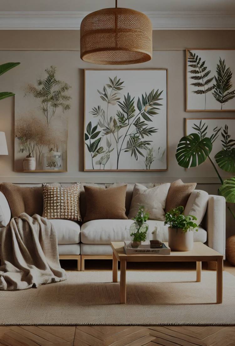 Cozy living room with a beige sofa, brown and cream cushions, wooden coffee table, botanical wall art, and potted plants adding a natural touch