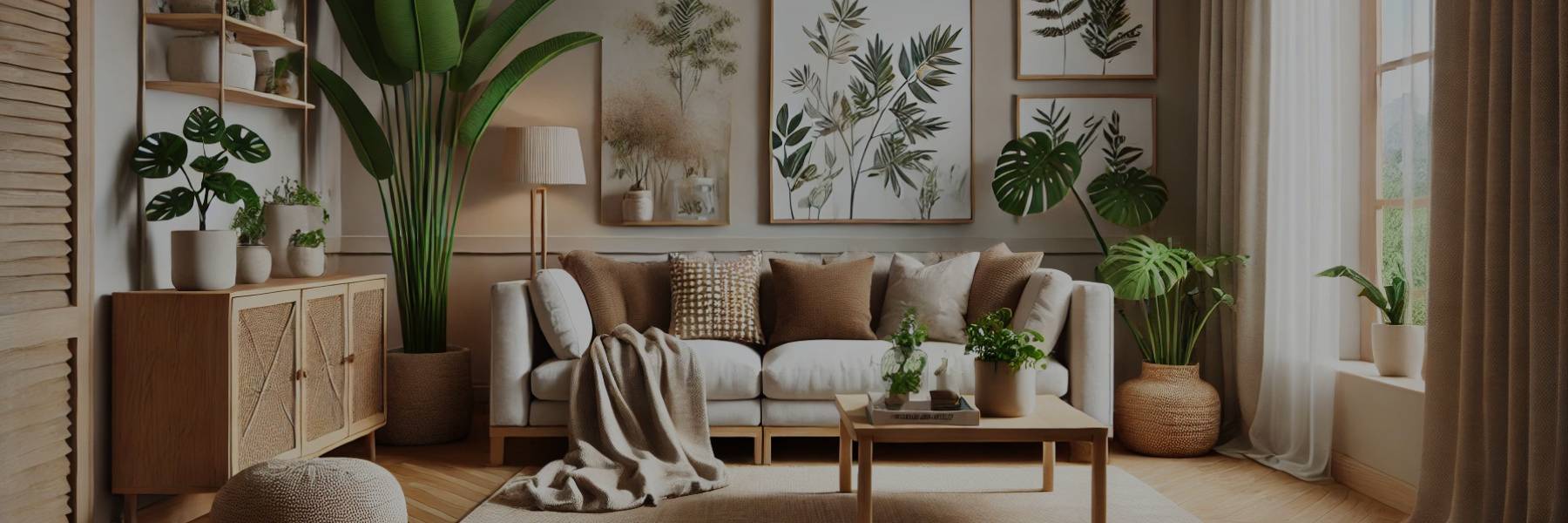 Cozy living room with a beige sofa, brown and cream cushions, wooden coffee table, botanical wall art, and potted plants adding a natural touch